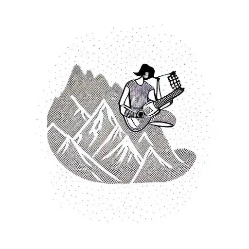 A silhouette of a hiker playing a guitar on a cliff inside a open book with gaming symbols and abstract whiskey  tattoo design idea