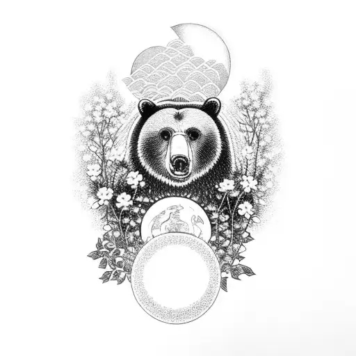 a bear sits beneath a blossoming flower tree, with the sun and moon on either side, and a number 5 subtly integrated int tattoo design idea