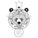 a bear sits beneath a blossoming flower tree, with the sun and moon on either side, and a number 5 subtly integrated int tattoo design idea