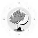 a bear sits beneath a blossoming flower tree, with the sun and moon on either side, and a number 5 subtly integrated int tattoo design idea