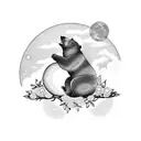a bear sits beneath a blossoming flower tree, with the sun and moon on either side, and a number 5 subtly integrated int tattoo design idea