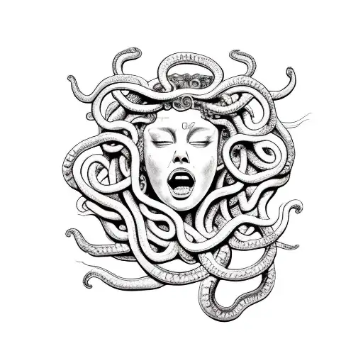 1. Medusa’s eyes are closed 2. Medusa has snakes in her hair 3. The snakes are defined 4. Medusa is angry and ready to f tattoo design idea