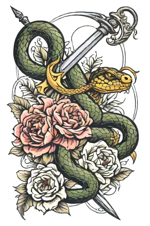 Create a tattoo design featuring a snake wrapped around a dagger, surrounded by peonies for a bold and edgy look tattoo design idea