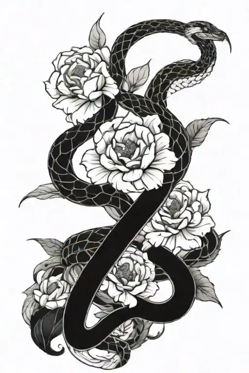 Create a tattoo design featuring a snake wrapped around a dagger, surrounded by peonies for a bold and edgy look tattoo design idea