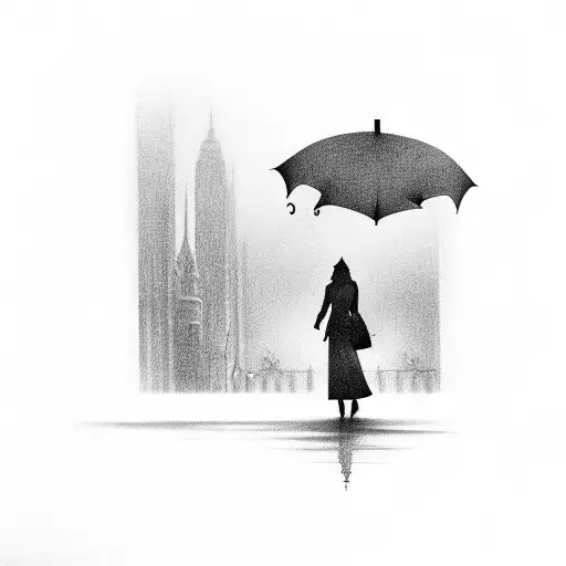 A silhouette of a person holding an umbrella in a rainy cityscape tattoo design idea