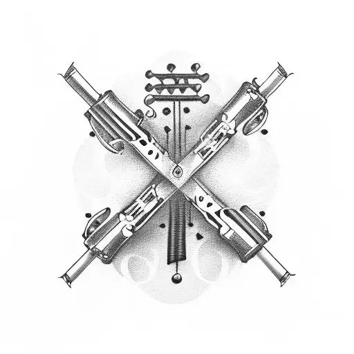 A pair of crossed pistols surrounded by music notes tattoo design idea