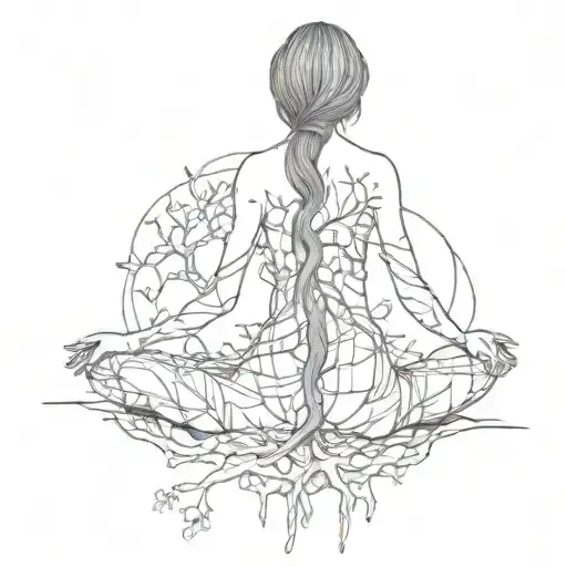 Woman meditating with her back turned, wearing a tree root dress tattoo design idea
