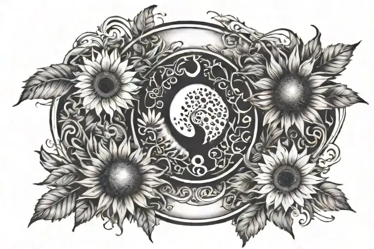 Chest tattoo, yin yang style, one side bout darkness and one side about light, light side has sunflowers and sun and dar tattoo design idea