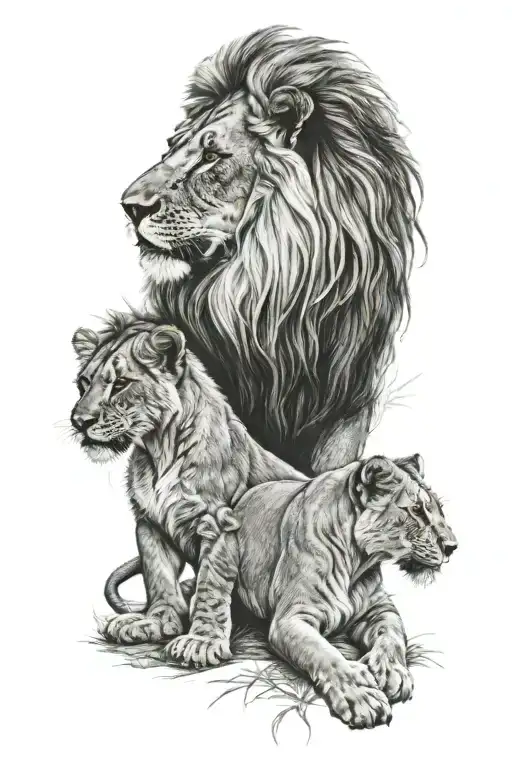 lion and 3 cubs playing tattoo design idea