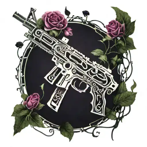 A detailed rifle intertwined with vines and flowers, symbolizing the harmony between nature and firearms tattoo design idea