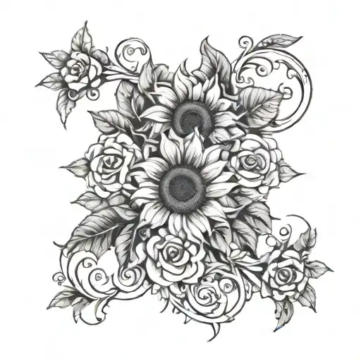 sunflower, rose, dainty, initials intertwined tattoo design idea