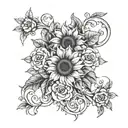 sunflower, rose, dainty, initials intertwined tattoo design idea