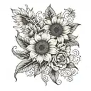 sunflower, rose, dainty, initials intertwined tattoo design idea