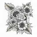 sunflower, rose, dainty, initials intertwined tattoo design idea