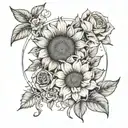 sunflower, rose, dainty, initials intertwined tattoo design idea