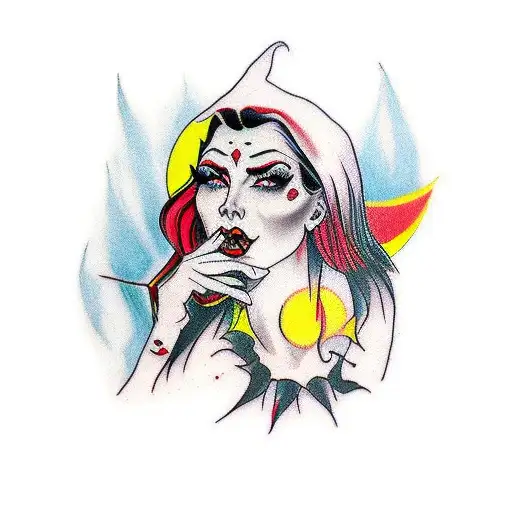 A beautiful witch with black hair, black eyebrows, in red, yellow, blue, green colors tattoo design idea