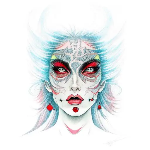 A beautiful witch with black hair, black eyebrows, in red, yellow, blue, green colors tattoo design idea