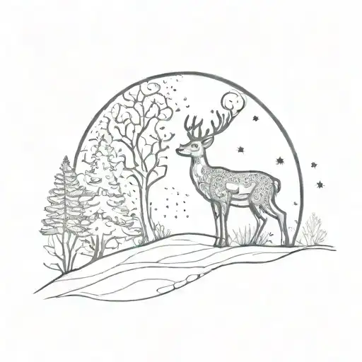 A black and white winter scene with a deer gazing at the moon in the universe tattoo design idea