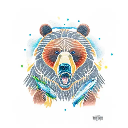 grizzly bear with salmon tattoo design idea