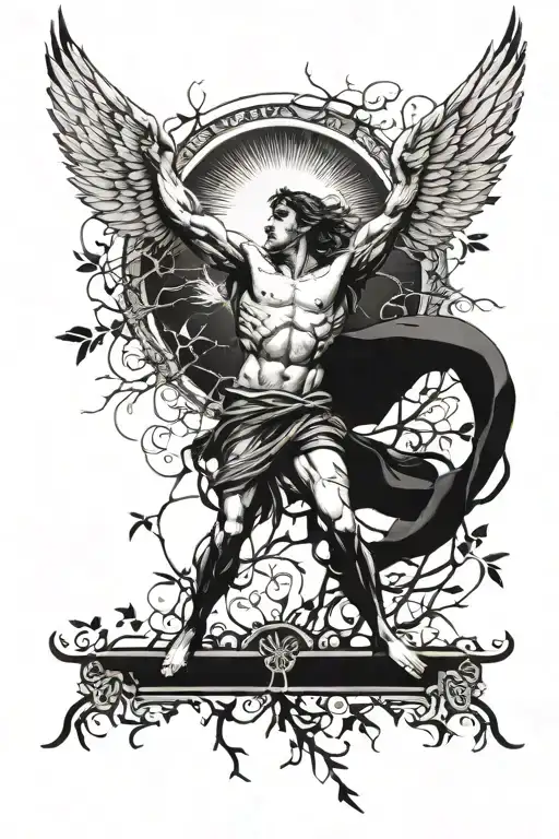 A full arm sleeve from shoulder to wrist. Icarus falling from sun and thorns and olive vines intertwining below tattoo design idea