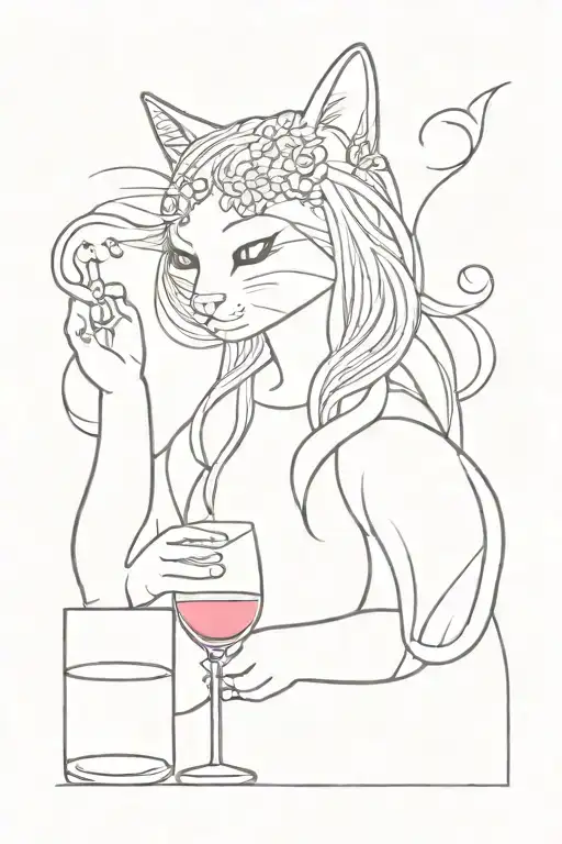 A cat with a glass of wine and long hair tattoo design idea