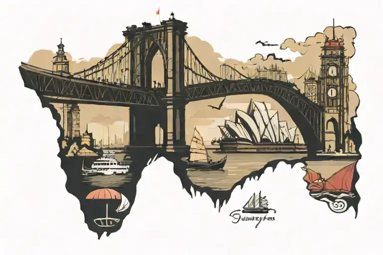 Sydney Harbour Bridge with Croissants, japanese shrine, Spanish Flamenco Dance, Minivan, Vietnamese Traditional Boat  tattoo design idea