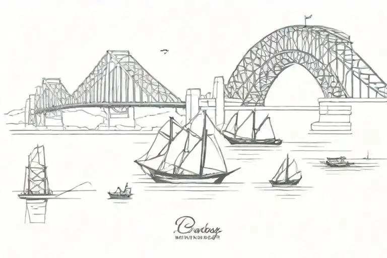 Sydney Harbour Bridge with Croissants, japanese shrine, Spanish Flamenco Dance, Minivan, Vietnamese Traditional Boat  tattoo design idea
