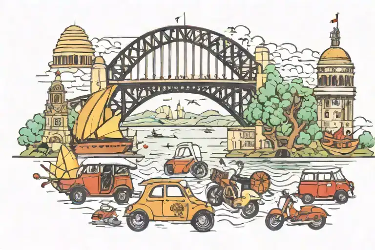 Sydney Harbour Bridge with Croissants, eiffel tower, japanese shrine, Italian Vespa, Spanish Flamenco lady, Minivan tattoo design idea