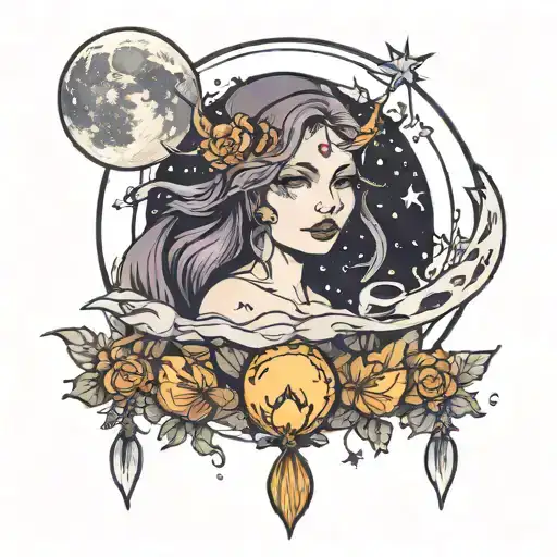 moon and witch and crystals  tattoo design idea