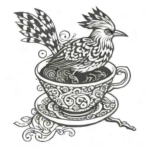 A whimsical tattoo design featuring a hoopoe bird enjoying a cup of tea surrounded by swirling chocolate patterns tattoo design idea