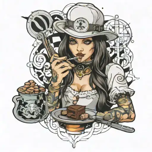 an engineer girl eating chocolates and doing magic with her right hand ehile standing tattoo design idea