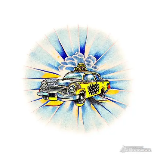 taxi cab driving towards the morning sun tattoo design idea