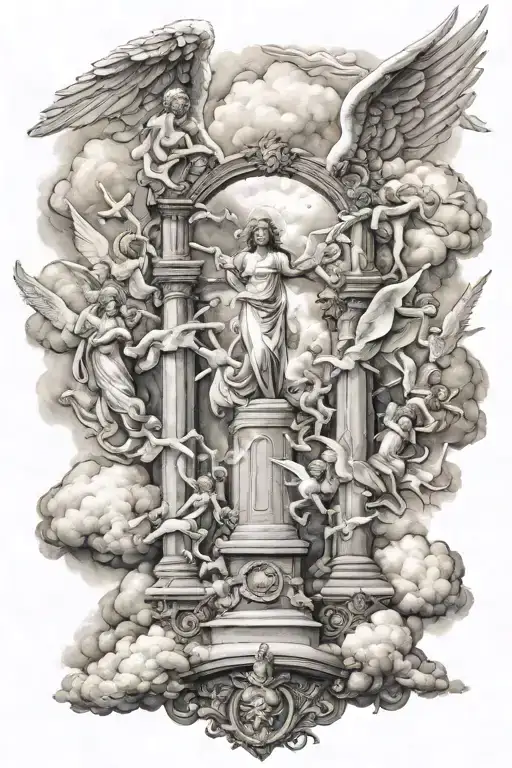 heaven gate clouds surrounding a lot of angels flying tattoo design idea
