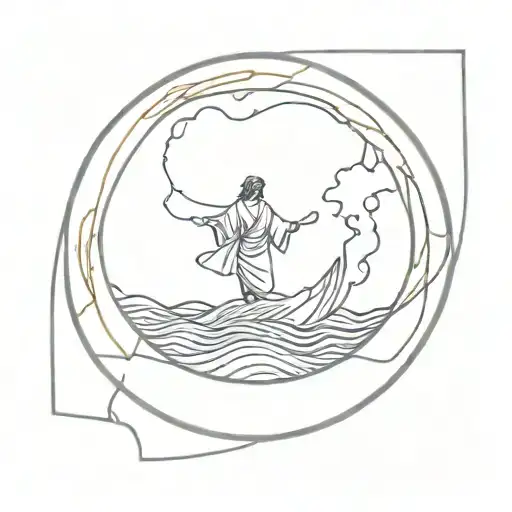 kintsugi bowl with stormy water. Jesus is walking on the water. Peter is sinking in the water.  tattoo design idea