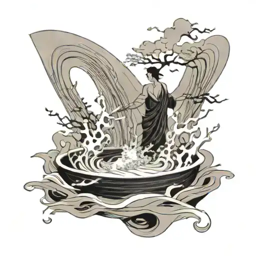 kintsugi bowl with stormy water. A minimalist figure is walking on the water. Another figure is sinking in the water. tattoo design idea