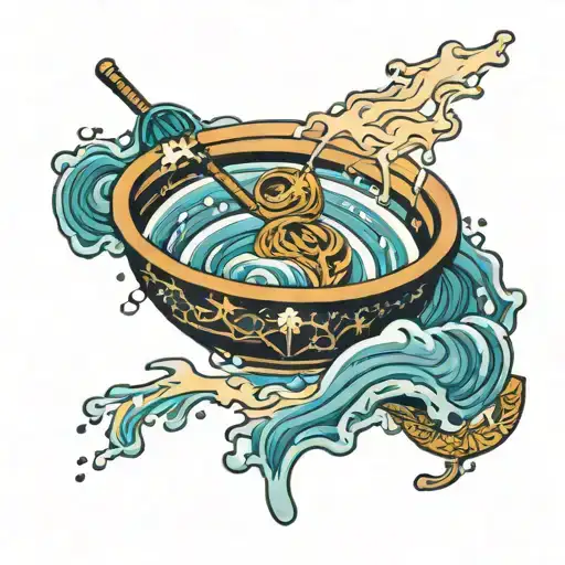 Broken bowl with kintsugi style filled with water. The water is stormy. Jesus is on the water and Peter is sinking. tattoo design idea