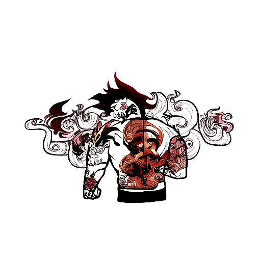 a full arm tattoo including kaido's dragon form, shenron, ichigo's mask tidal wave and cherry blossom  tattoo design idea