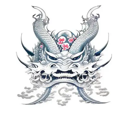 dragon oni mask tidal waves and cherry blossom  tattoo design idea