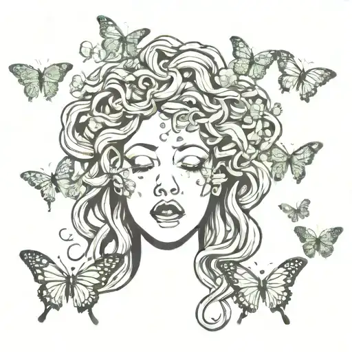 Medusa head crying with butterflies fluttering tattoo design idea