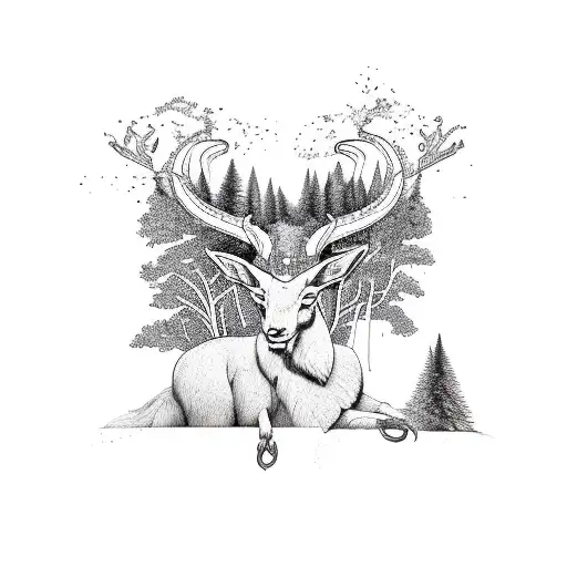 Forest with capricorn in the middle and broken clokc tattoo design idea