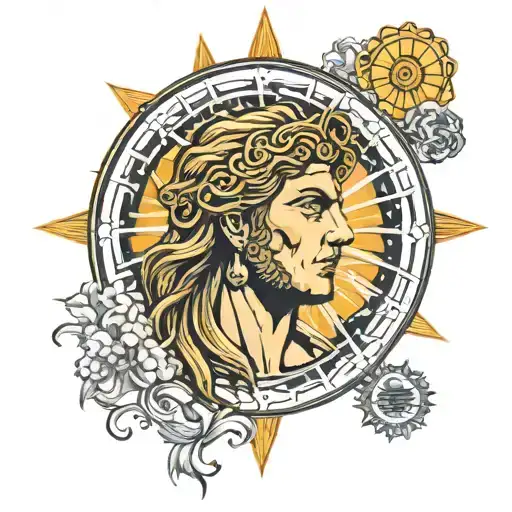 Apollo man with straight hair and with amulet and background of a sun tattoo design idea