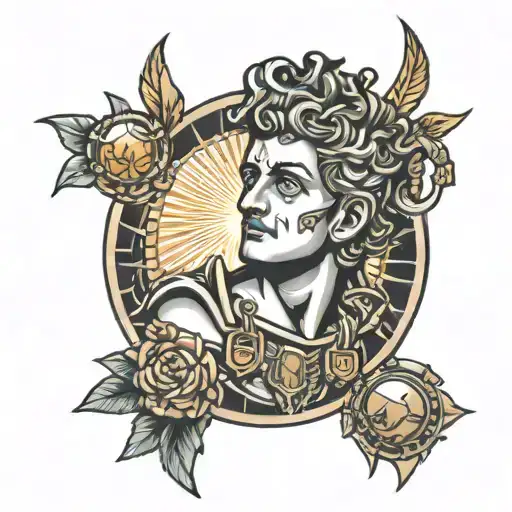 Apollo with small armor on his face and a lucky amulet on his hand and a background of the sun tattoo design idea