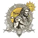 Apollo man with straight hair and with amulet and background of a sun tattoo design idea