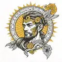 Apollo man with straight hair and with amulet and background of a sun tattoo design idea