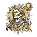 Apollo man with straight hair and with amulet and background of a sun tattoo design idea