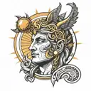 Apollo with small armor on his face and a lucky amulet on his hand and a background of the sun tattoo design idea