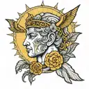 Apollo with small armor on his face and a lucky amulet on his hand and a background of the sun tattoo design idea