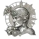 Apollo with small armor on his face and a lucky amulet on his hand and a background of the sun tattoo design idea