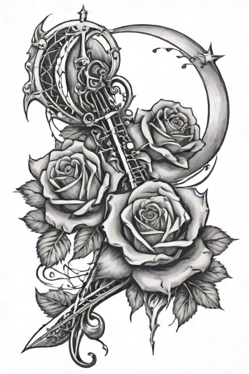 music , power . trident , lightning. love . roses . moon . stars  tattoo design idea