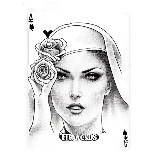 Sexy nun holding a straight flush in hand with playing cards  and roses all around tattoo design idea
